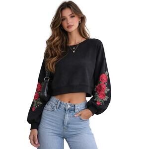 Blue Rain Black Cropped Sweatshirt Red Rose Embroidery L Romantic